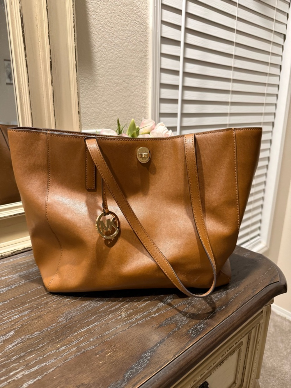 Michael Kors Cognac Leather Tote with Gold Logo Charm